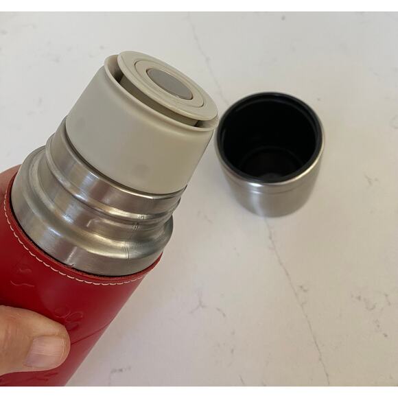 2004 Starbucks 12 Oz. Thermos Stainless Steel Tooled Red Leather Pop-Up Top - Picture 5 of 7